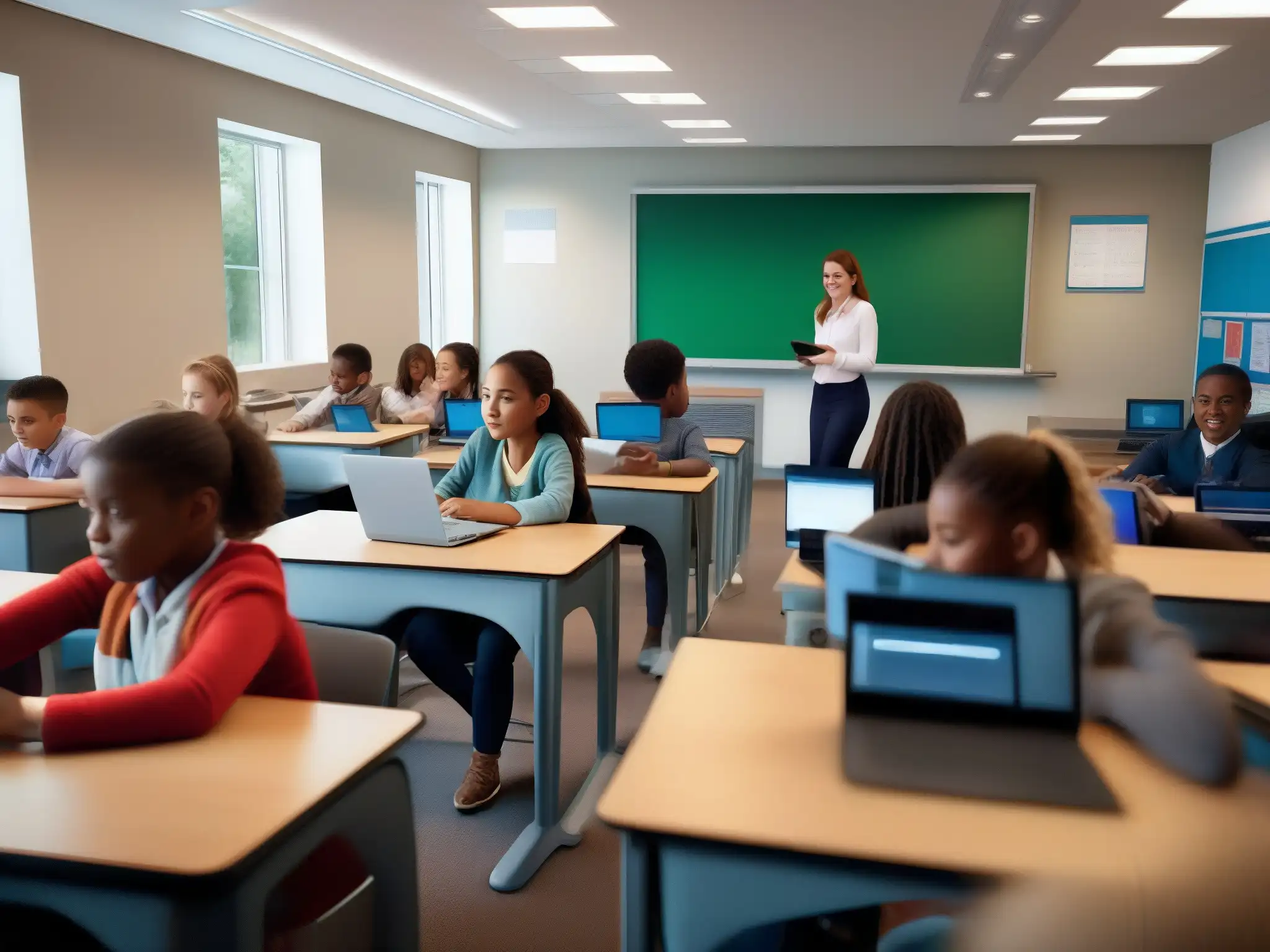 Clase moderna: estudiantes comprometidos con la tecnología Un aula moderna con estudiantes participando activamente en una lección, utilizando tecnología como laptops y tabletas