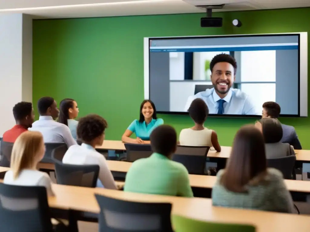 Clase moderna: Integración de videoconferencia en la educación Un aula moderna con estudiantes participando en una videoconferencia