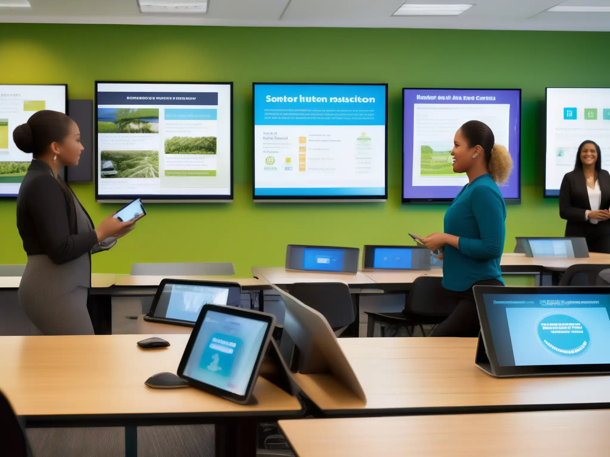 Aula moderna con tecnología de vanguardia y ambiente educativo innovador Un aula moderna y luminosa con tecnología de vanguardia, paredes decoradas y un instructor comprometido