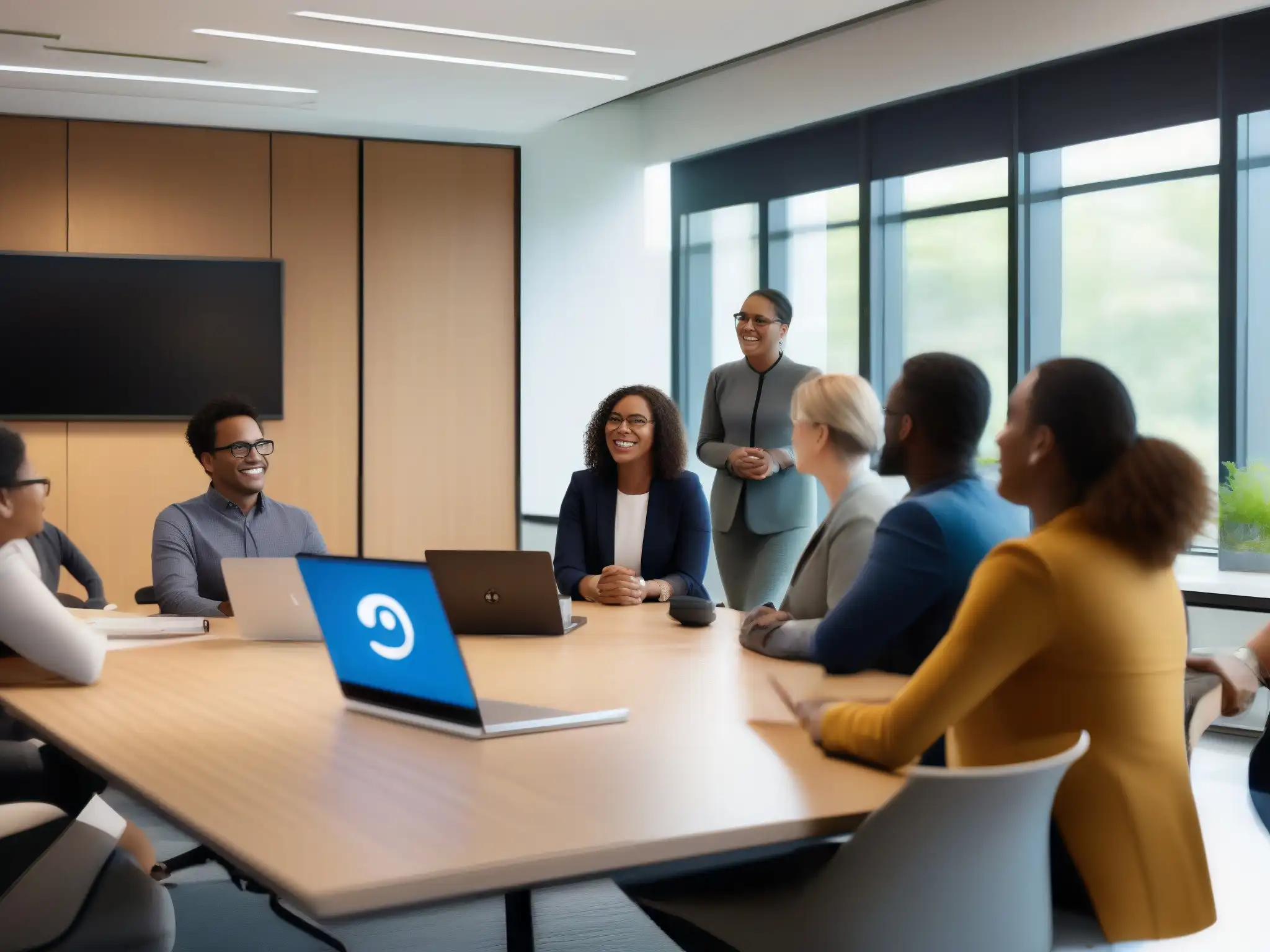 Sala de clase moderna y dinámica para webinars Un aula moderna con muebles minimalistas y grandes ventanales que irradian luz natural