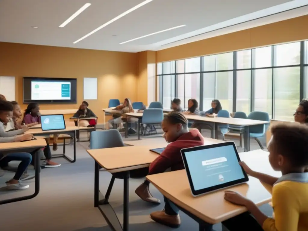 Clase moderna con tecnología de vanguardia y aprendizaje colaborativo Un aula moderna con tecnología innovadora y ambiente acogedor