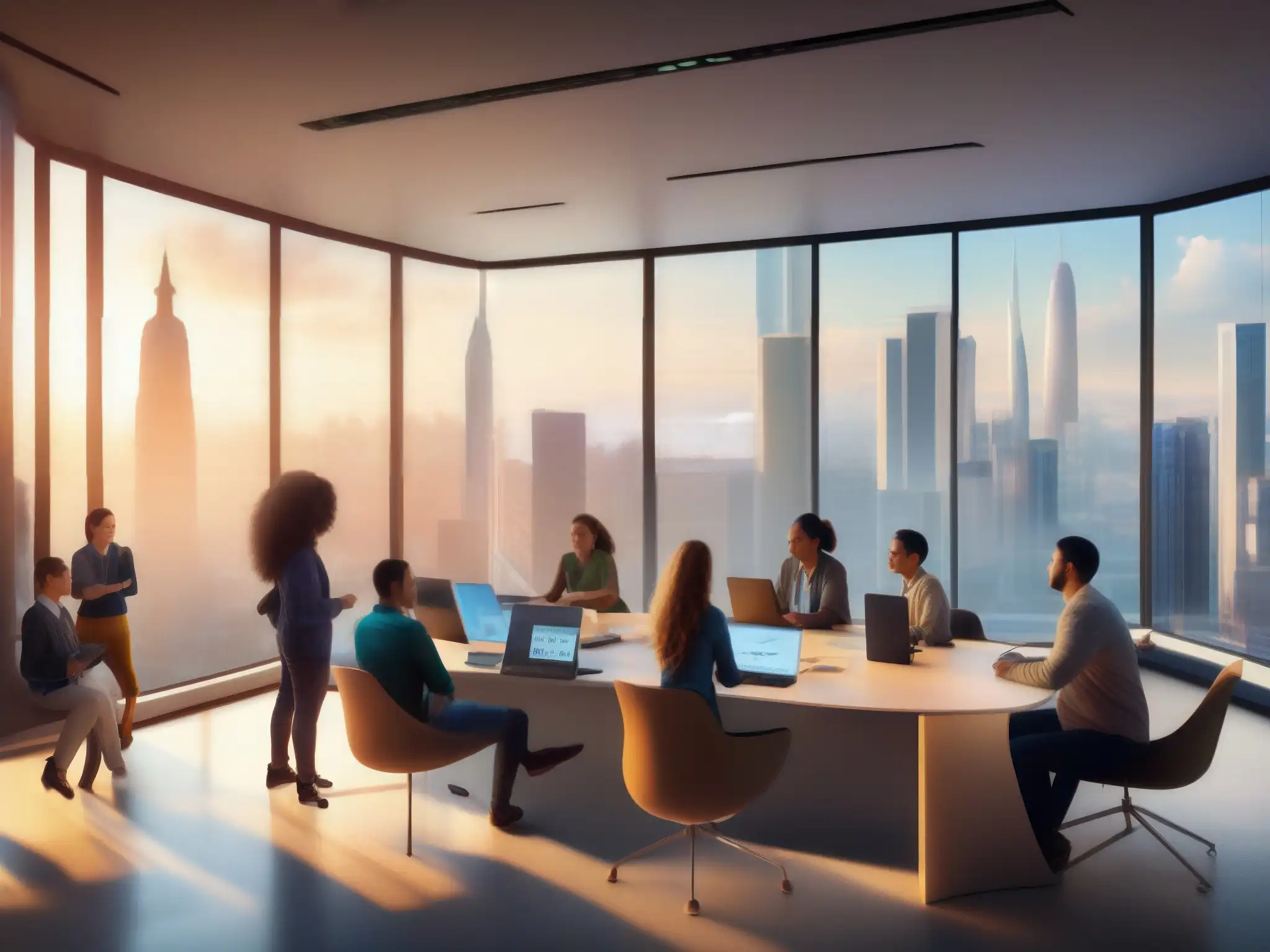 Clase virtual futurista con estudiantes y maestro Una aula virtual animada con estudiantes y maestro participando en la Plataforma potencia aprendizaje virtual, con una ciudad futurista de fondo
