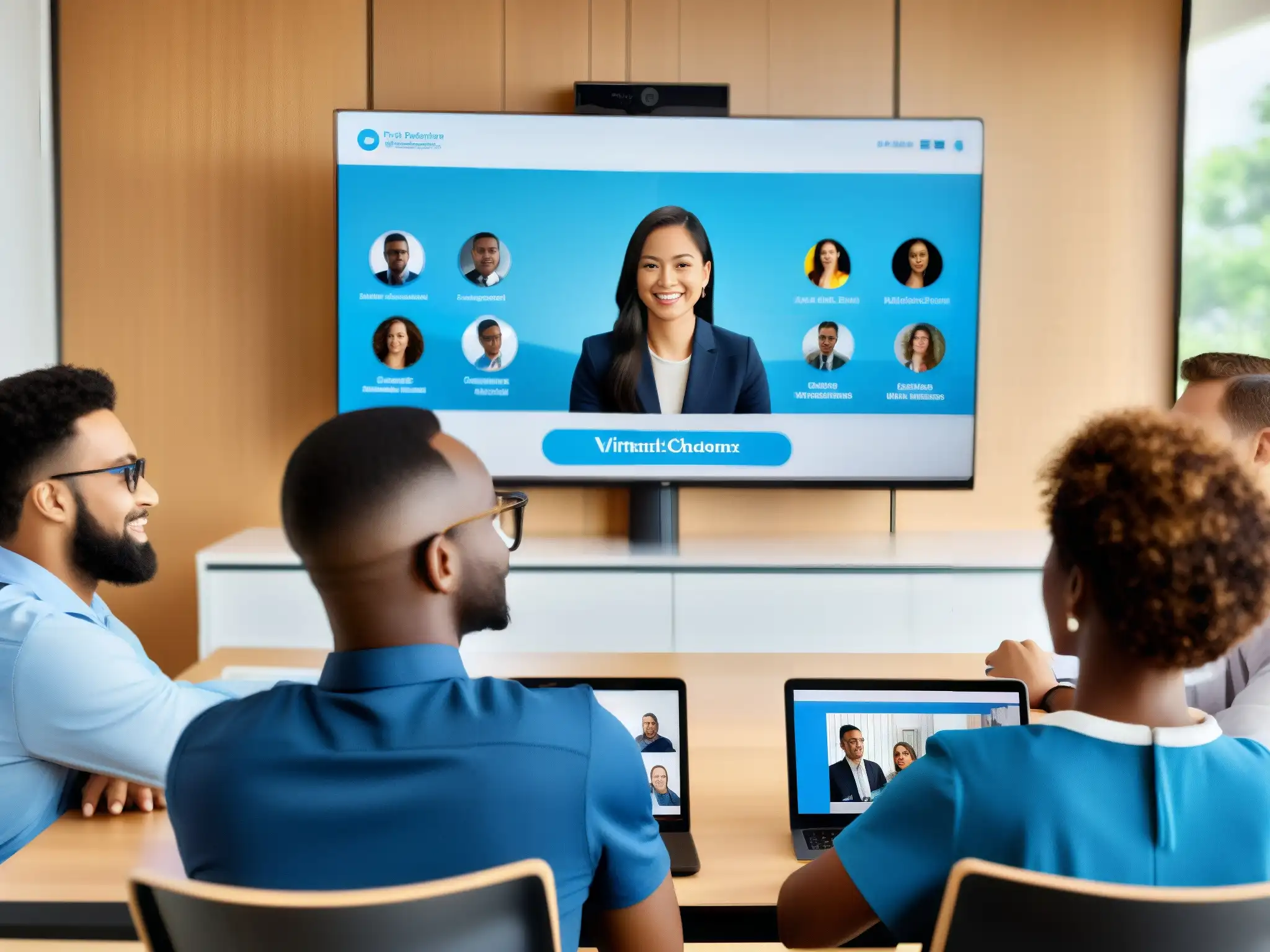 Clase virtual interactiva con estudiantes diversos Un aula virtual dinámica con integración de videoconferencias LMS beneficia la educación online con estudiantes comprometidos