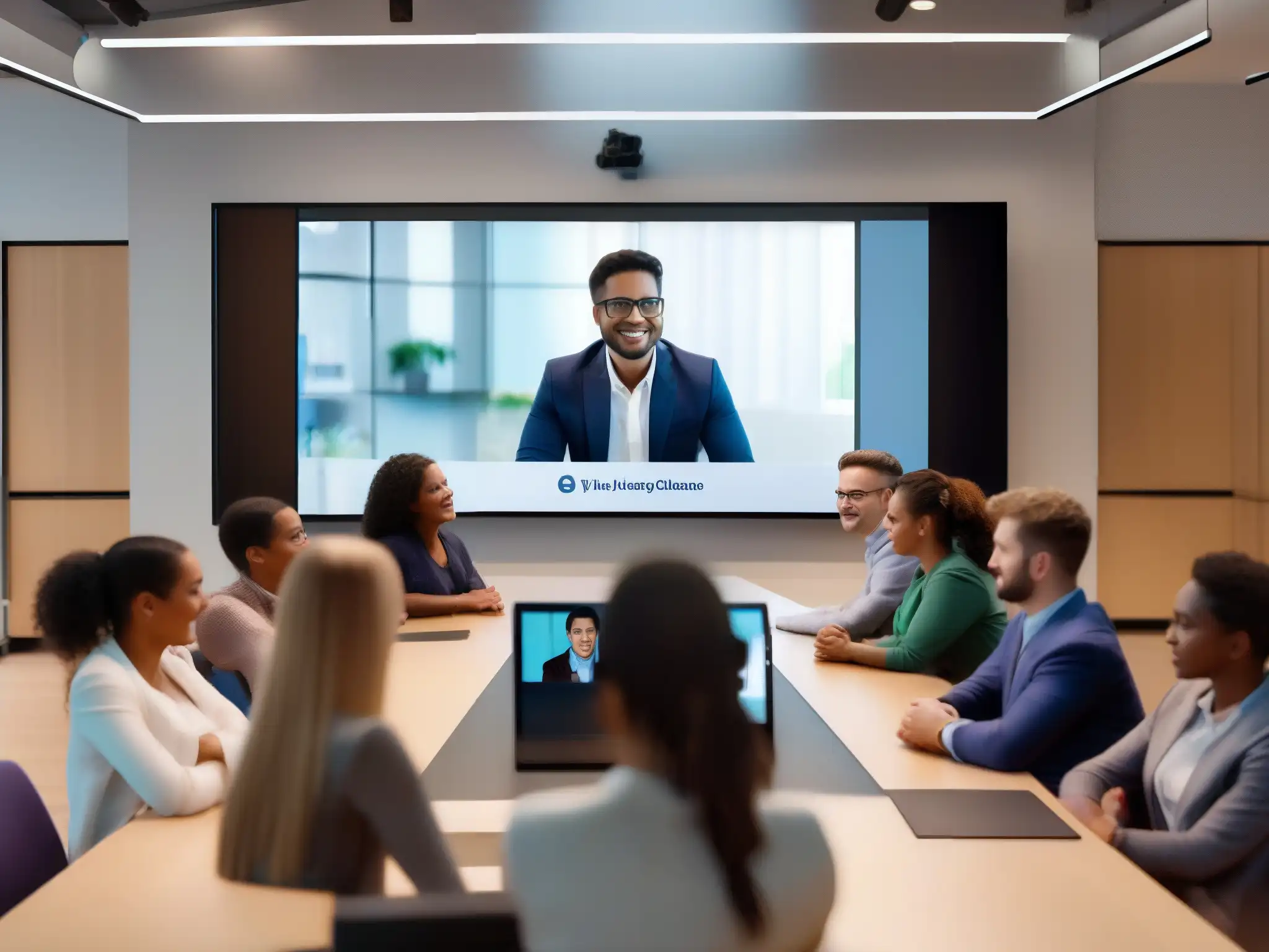 Seminar virtual: Aula dinámica con estudiantes atentos Un aula virtual con estudiantes atentos y un instructor dinámico liderando un seminario interactivo