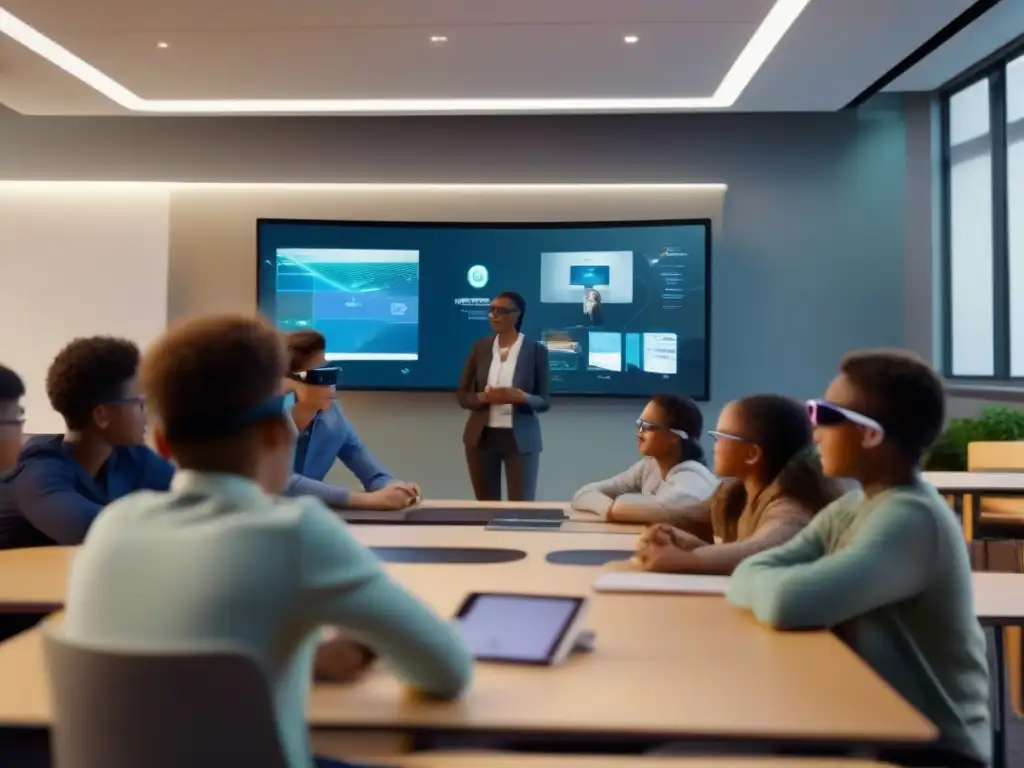 Clase virtual con realidad aumentada: Futuro educativo inmersivo Una aula virtual con estudiantes usando gafas de realidad aumentada, interactuando con materiales educativos holográficos en 3D