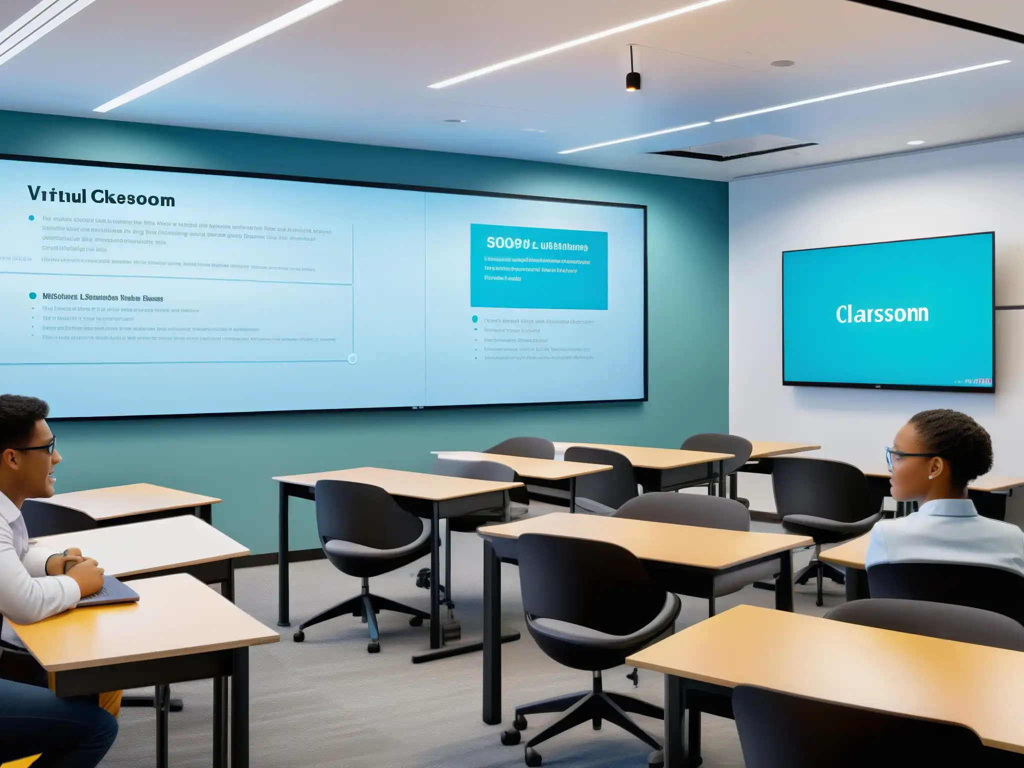Aula virtual 8k: Colaboración dinámica y participativa Un aula virtual de alta resolución con estudiantes utilizando las mejores herramientas de colaboración para clases virtuales