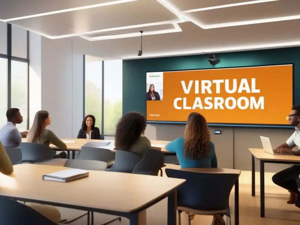 Clase virtual dinámica con GoToMeeting Una aula virtual con estudiantes participativos y presentación del profesor en pantalla, destacando las ventajas de GoToMeeting en educación virtual