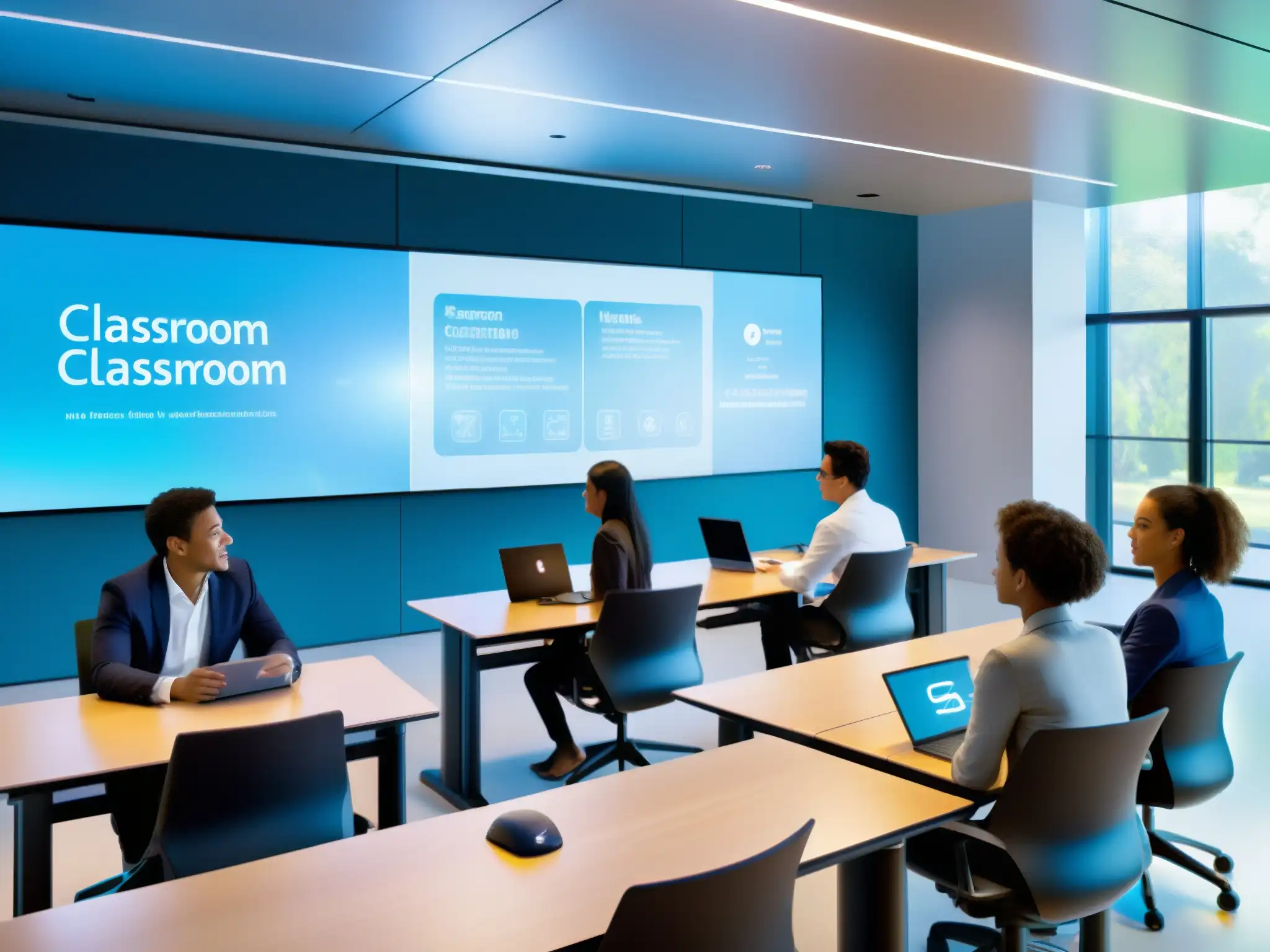 Clase virtual del futuro: tecnología avanzada para aprendizaje colaborativo Una aula virtual futurista con las mejores herramientas de videoconferencia educativa, estudiantes colaborando y una cálida iluminación natural