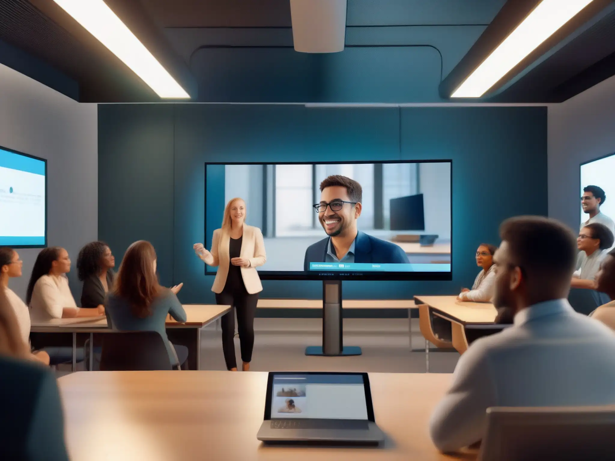 Clase virtual dinámica: diversidad y participación activa en Zoom Un aula virtual impactante con estudiantes diversos participando activamente en Zoom, creando un entorno de aprendizaje dinámico