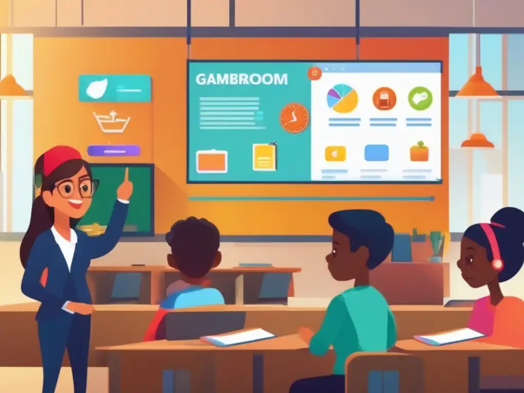 Aula Virtual Interactiva con Elementos Gamificados Una aula virtual llena de elementos animados y gamificados