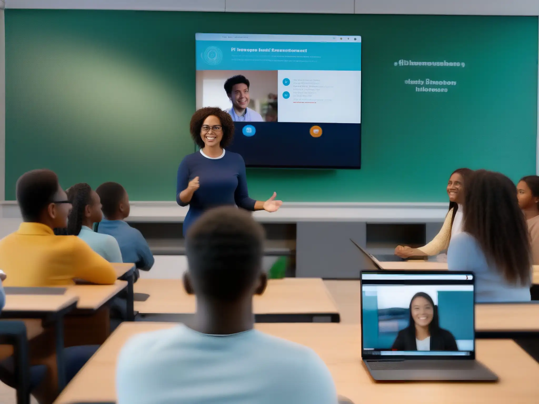 Clase virtual dinámica con Jitsi Meet: Conectividad e innovación educativa Una aula virtual llena de estudiantes participando en una animada discusión usando Jitsi Meet, transmitiendo ventajas Jitsi Meet educación online