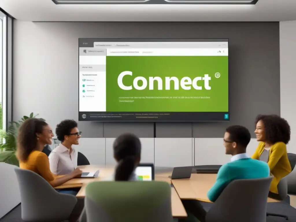 Clase virtual dinámica con Adobe Connect para educación superior Una aula virtual llena de estudiantes diversos participando en una animada discusión, utilizando la interfaz de Adobe Connect para educación superior