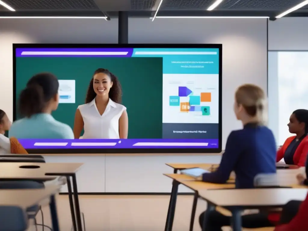 Clase virtual dinámica con participación activa de estudiantes Aula virtual moderna y dinámica con estudiantes participativos, fomentando la retención de conocimiento en aulas virtuales