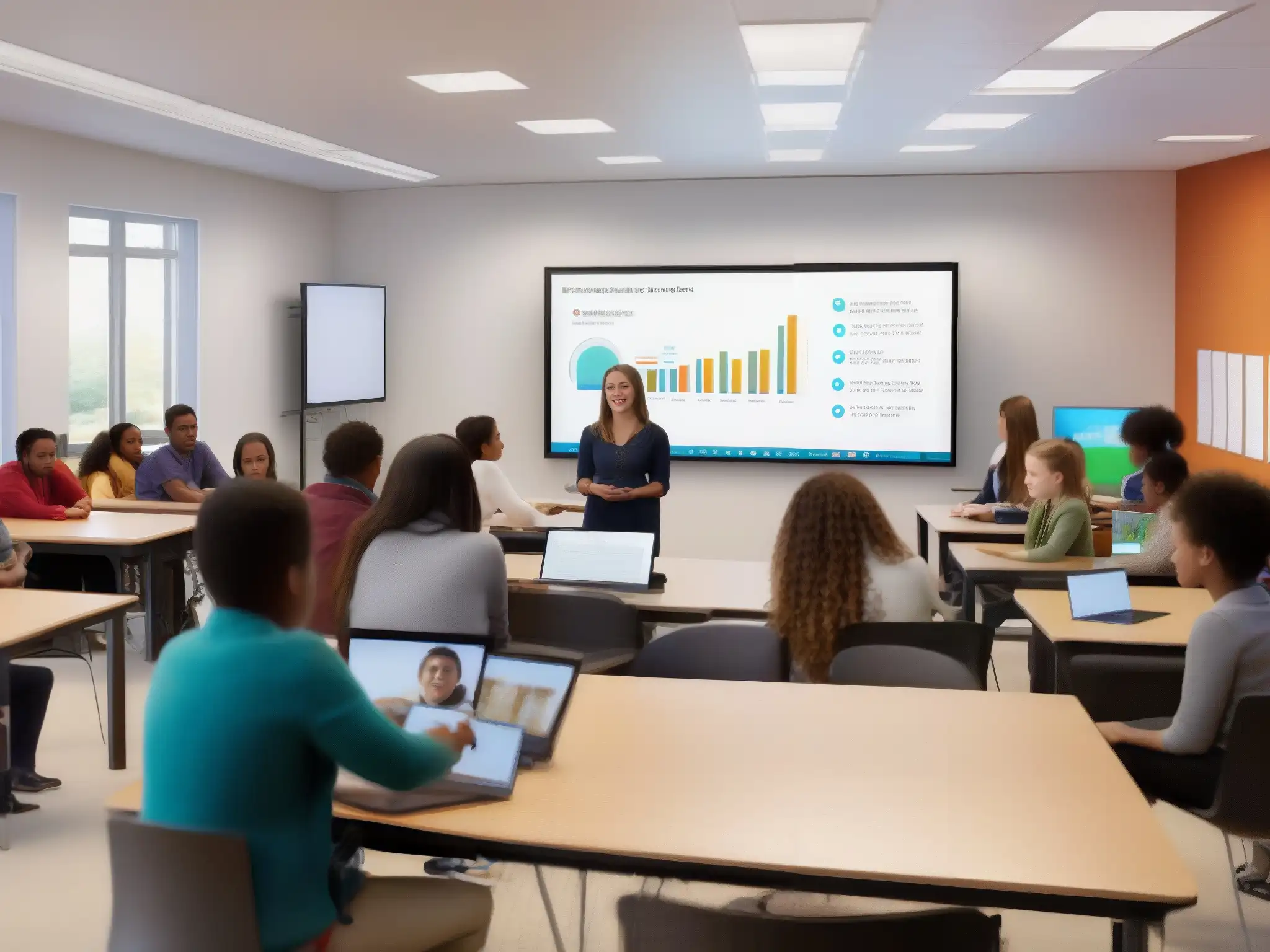 Sala de clase virtual dinámica y moderna con interacción estudiantil Una aula virtual moderna, con estudiantes participando en actividades interactivas, mejora interacción estudiantil clases virtuales