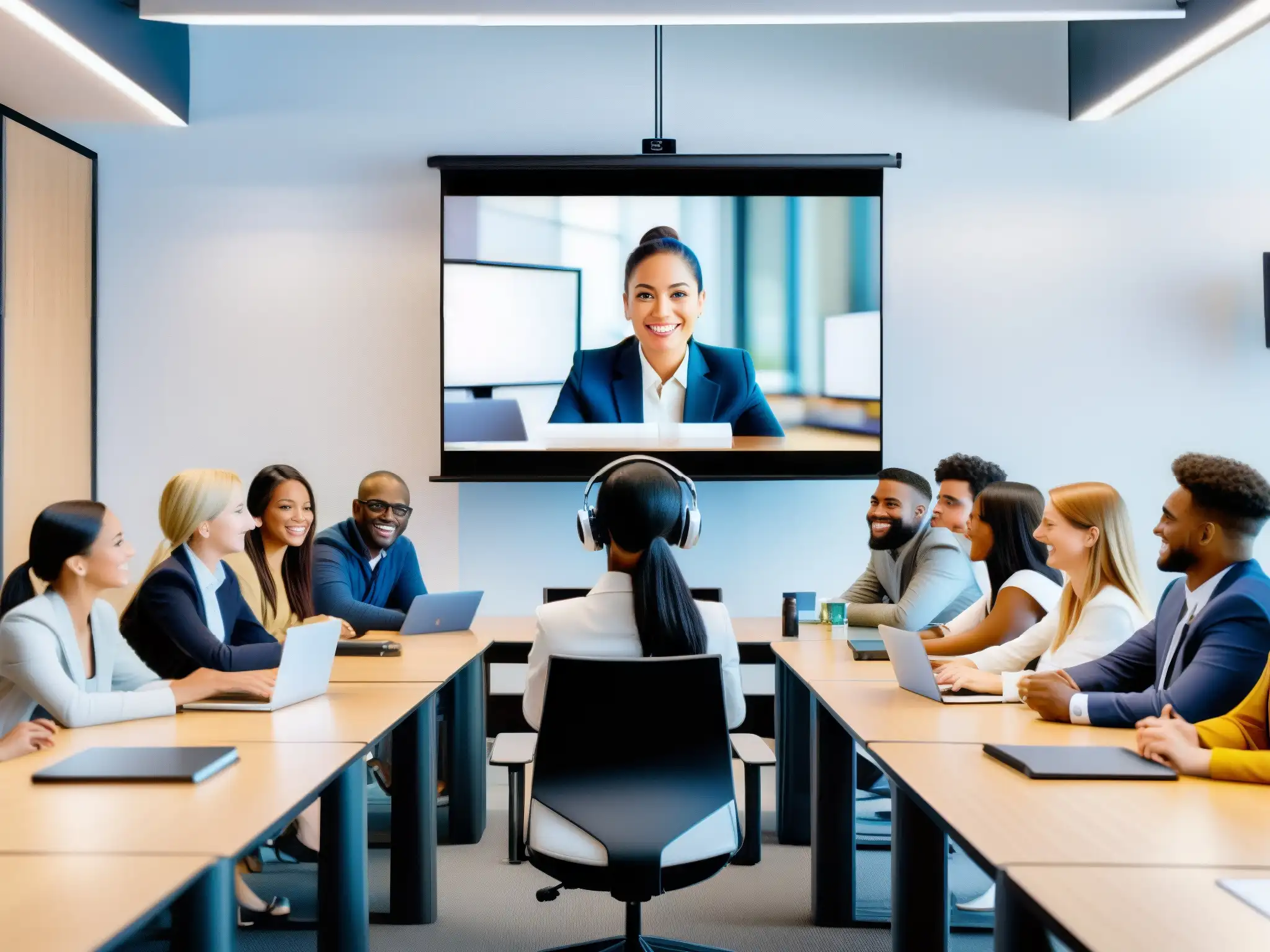 Clase virtual personalizada con avatares interactivos Una aula virtual moderna y personalizada con estudiantes diversos participando en una videoconferencia avanzada