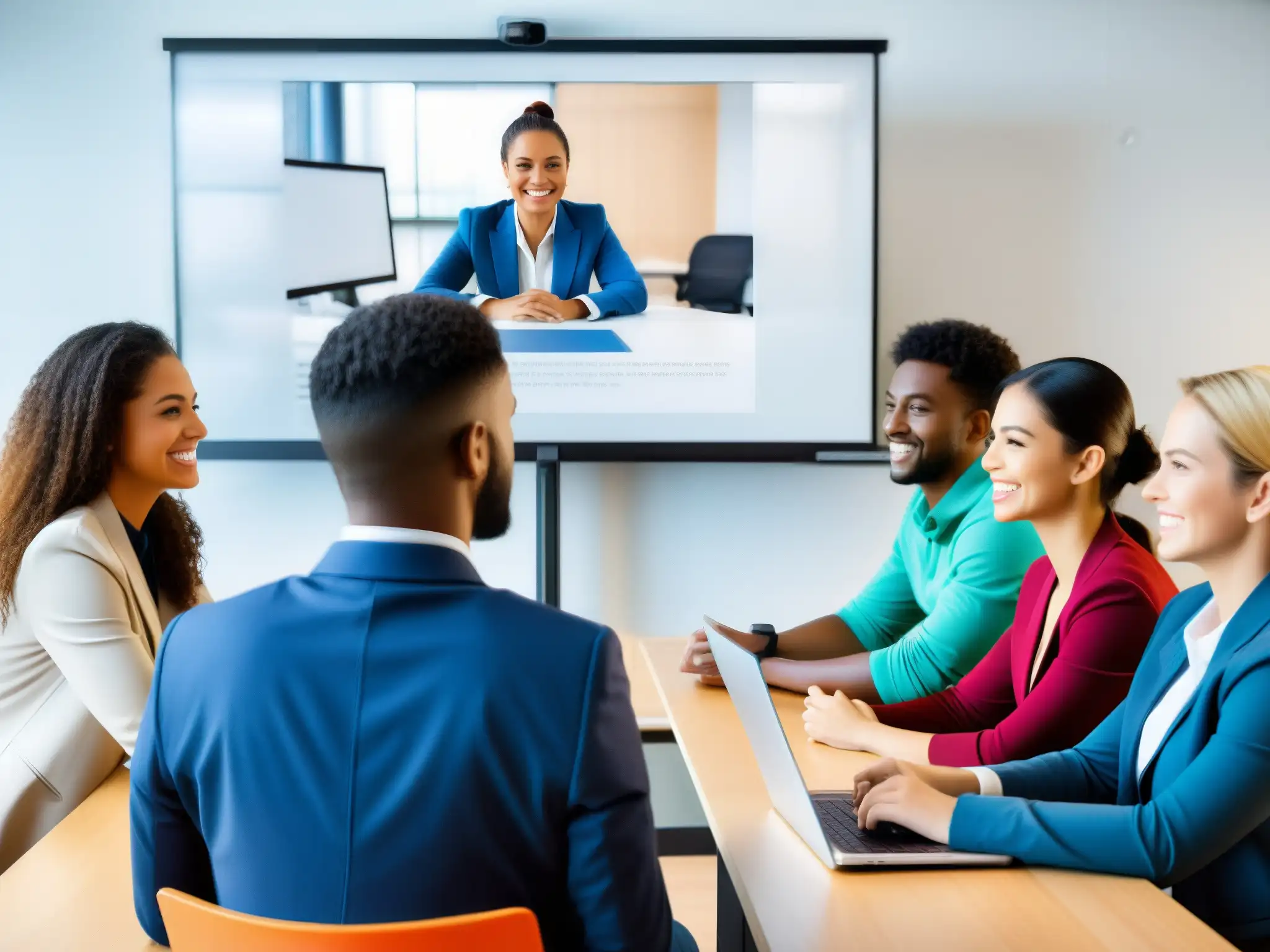 Clase virtual interactiva con estudiantes diversos Una aula virtual moderna con recursos multimedia en videoconferencias educativas