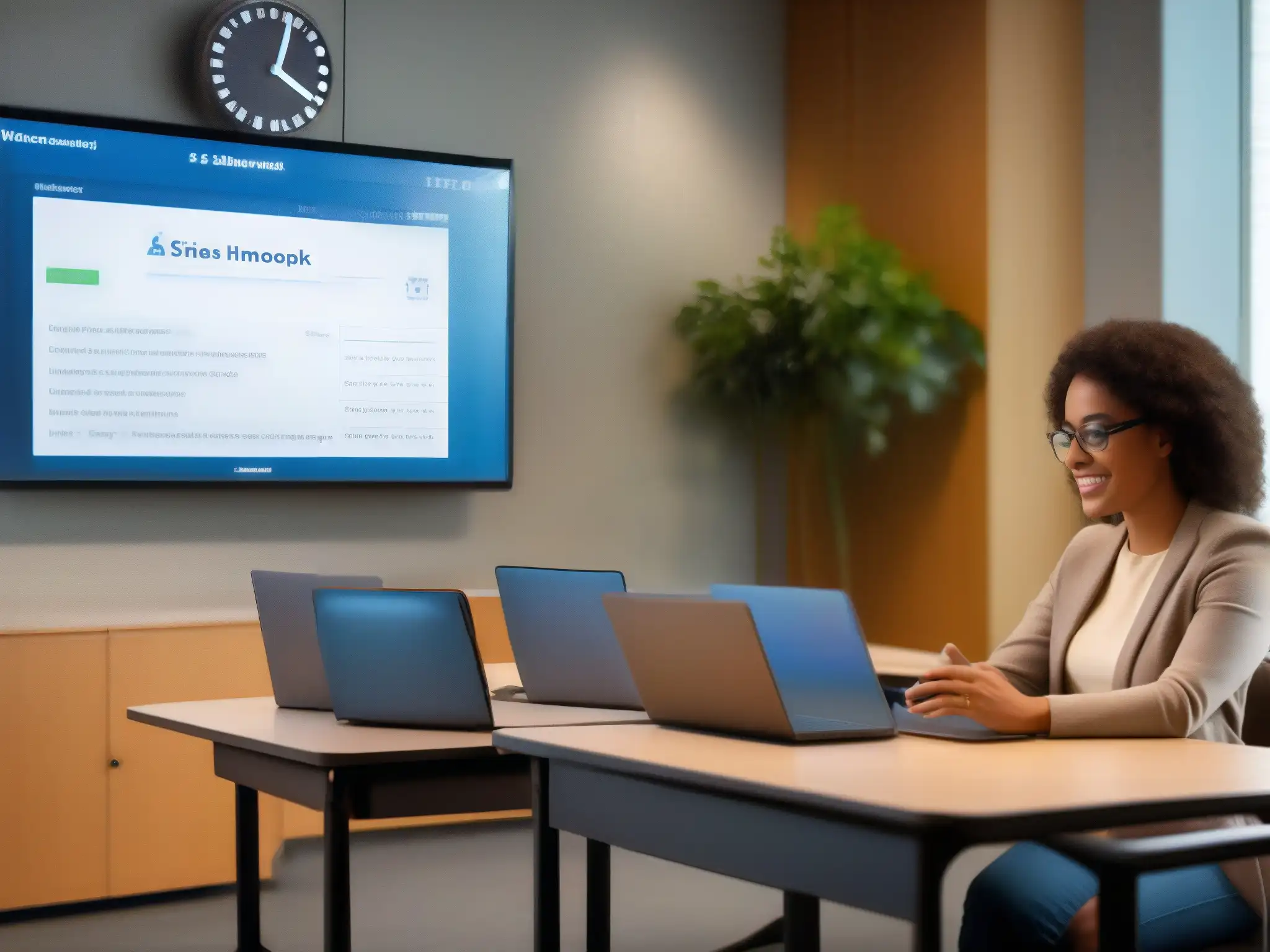 Sala de clases virtual con instructor profesional y tecnología educativa Una aula virtual moderna y serena con gestión eficiente del tiempo, donde un instructor profesional interactúa con los estudiantes
