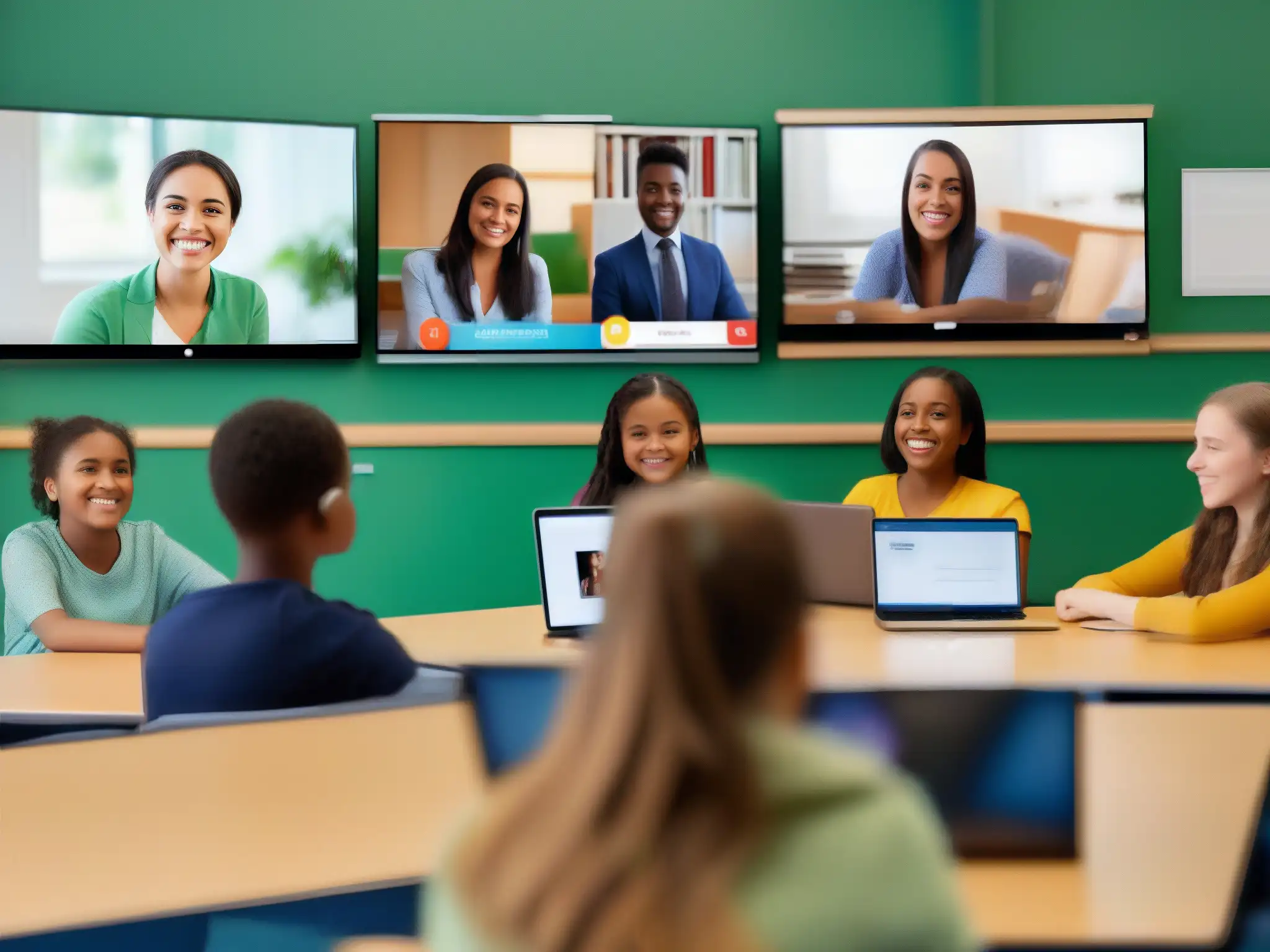 Aulas virtuales: Sincrónica vs Asincrónica Dos aulas modernas lado a lado, una con videoconferencia sincrónica y la otra con actividades asincrónicas