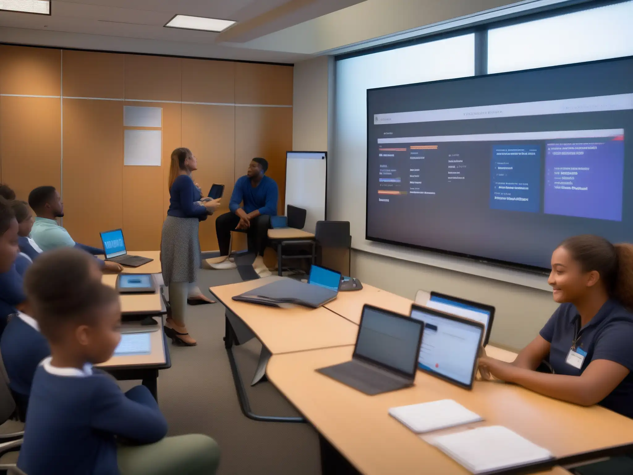 Aulas sincrónicas y asincrónicas: Comparación visual Dos aulas modernas, una con videoconferencia sincrónica y la otra con acceso asincrónico a materiales