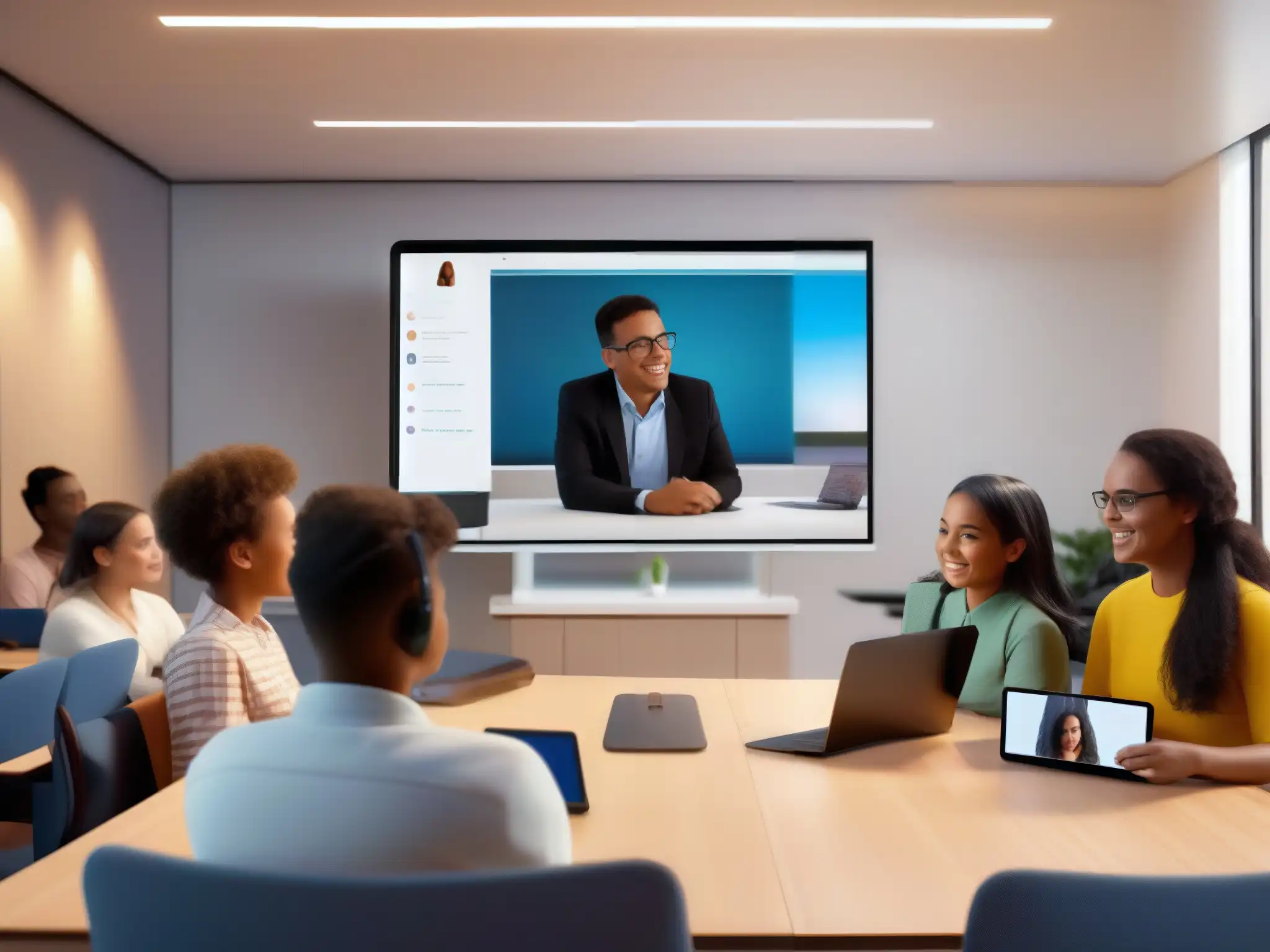 Aula virtual con IA y realidad aumentada: educación del futuro Transformación aulas virtuales IA: Estudiantes interactúan con avatares realistas de profesores en un aula virtual futurista, usando tecnología AR/VR