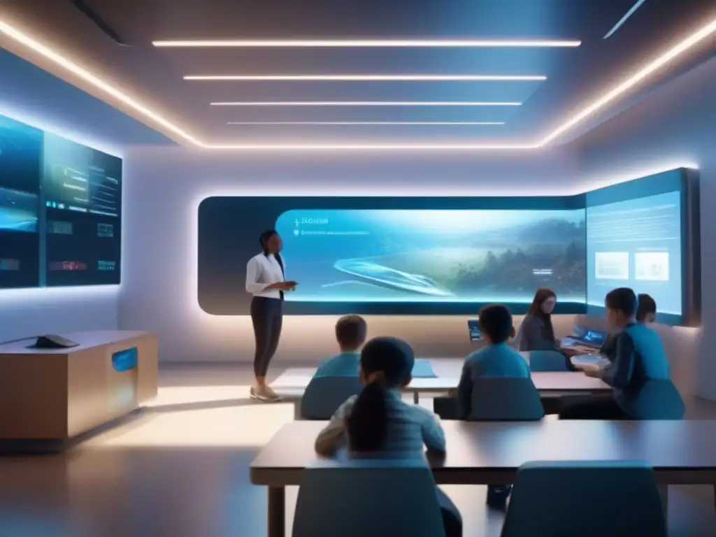 Aula futurista con tecnología holográfica y aprendizaje interactivo Transformación aulas virtuales IA: Ilustración detallada de aula futurista con tecnología avanzada y ambiente educativo inmersivo