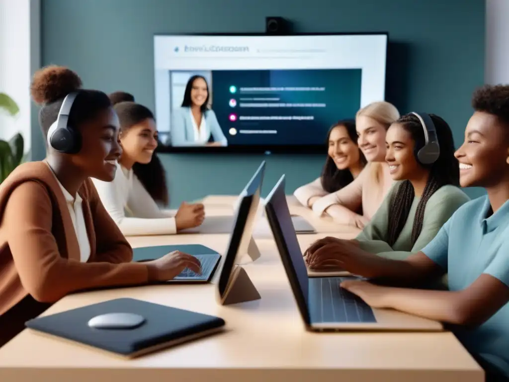 Clase virtual 8k: estudiantes divers@s con herramientas de IA Transformación aulas virtuales IA: Estudiantes diversos colaborando en un aula virtual con herramientas educativas avanzadas y tecnología futurista
