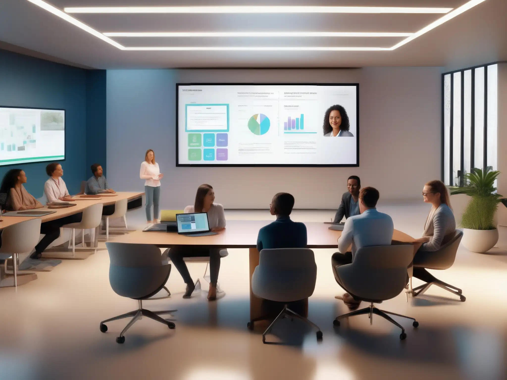 Clase virtual futurista con IA y hologramas Transformación aulas virtuales IA: Moderno salón virtual con herramientas y proyecciones holográficas, alumnos participativos en ambiente futurista