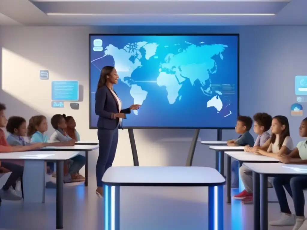 Aula virtual futurista con IA y hologramas Transformación de aulas virtuales con IA: Profesor y alumnos interactúan en un entorno futurista con luz azulada