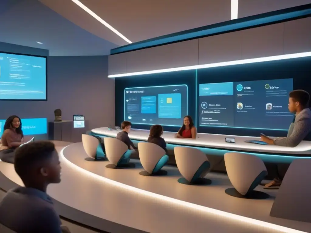 Aula virtual futurista con inteligencia artificial Transformación aulas virtuales IA: Aula virtual futurista con IA, hologramas y herramientas interactivas, fomentando innovación educativa