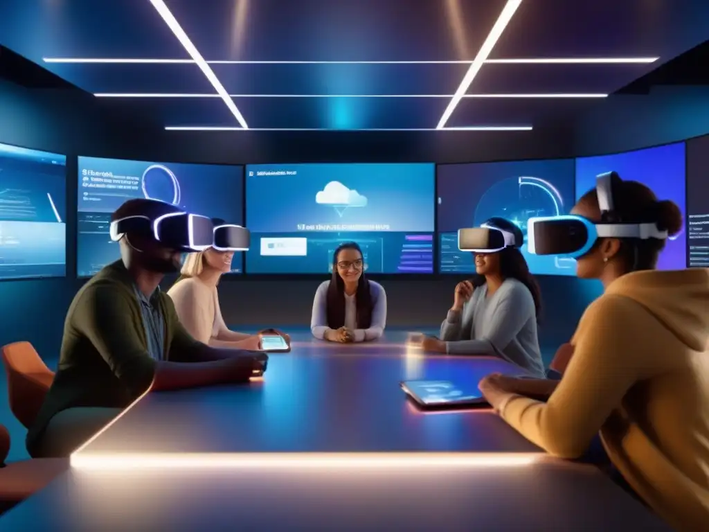 Aula virtual con hologramas educativos y estudiantes inmersivos Transformación aulas virtuales IA: Aula virtual futurista con hologramas educativos y estudiantes inmersos en experiencias colaborativas con VR