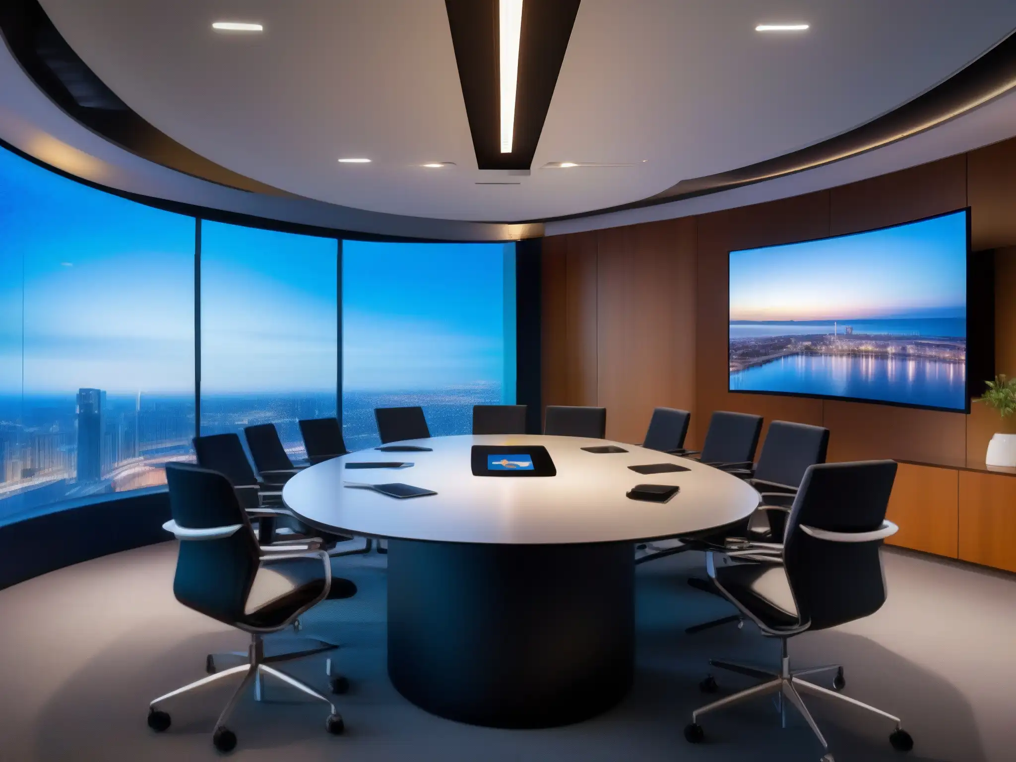 Sala de videoconferencias futurista y profesional Avances tecnológicos seguridad videoconferencia: Sala de videoconferencias futurista con tecnología de vanguardia y ambiente profesional