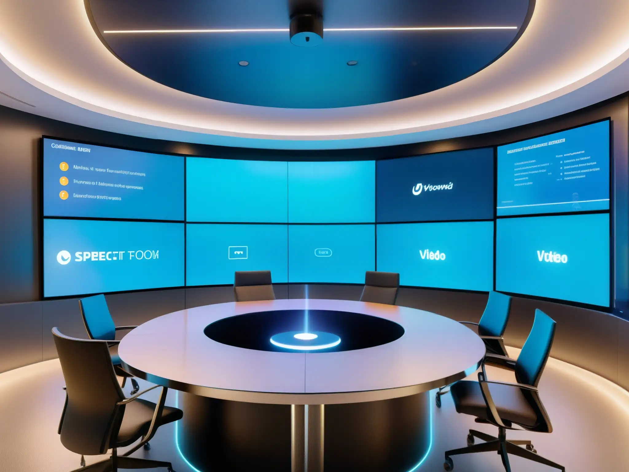 Sala de Videoconferencias Futurista con IA y Tecnología Avanzada Avanzada analítica de comportamiento en videoconferencias con IA en sala futurista
