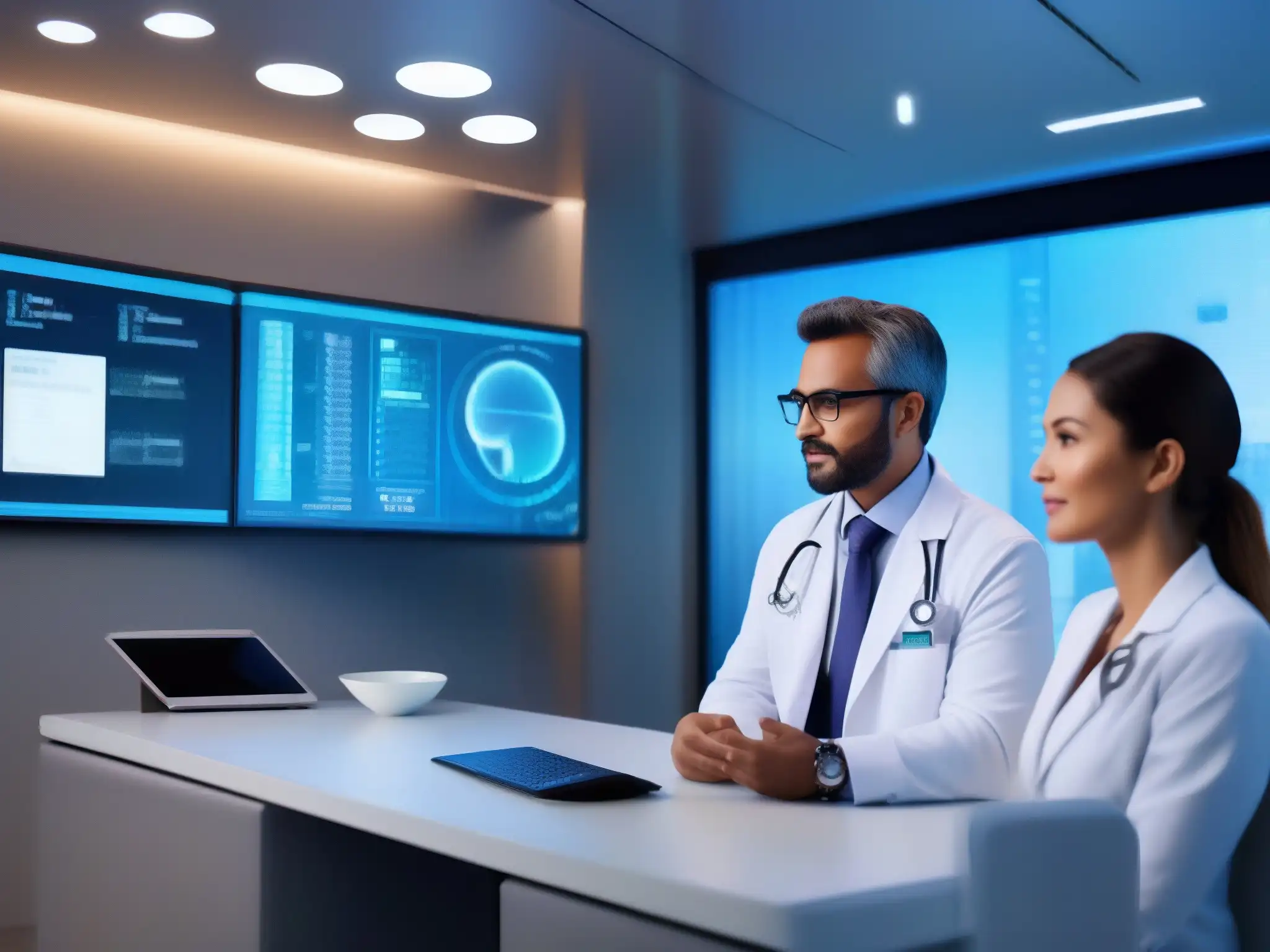 Consulta médica futurista con IA en videoconferencia Una avanzada consulta médica mediante videoconferencia, con tecnología de vanguardia para mejorar el proceso de consultas médicas
