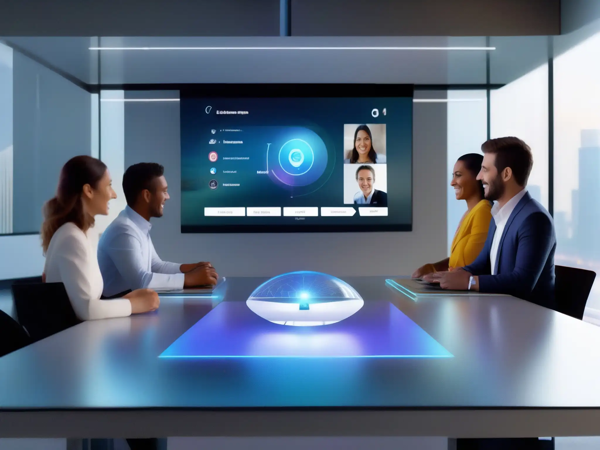Interfaz futurista de videoconferencia holográfica Avanzada interfaz holográfica para videoconferencias, con avatares personalizados y traducción en tiempo real