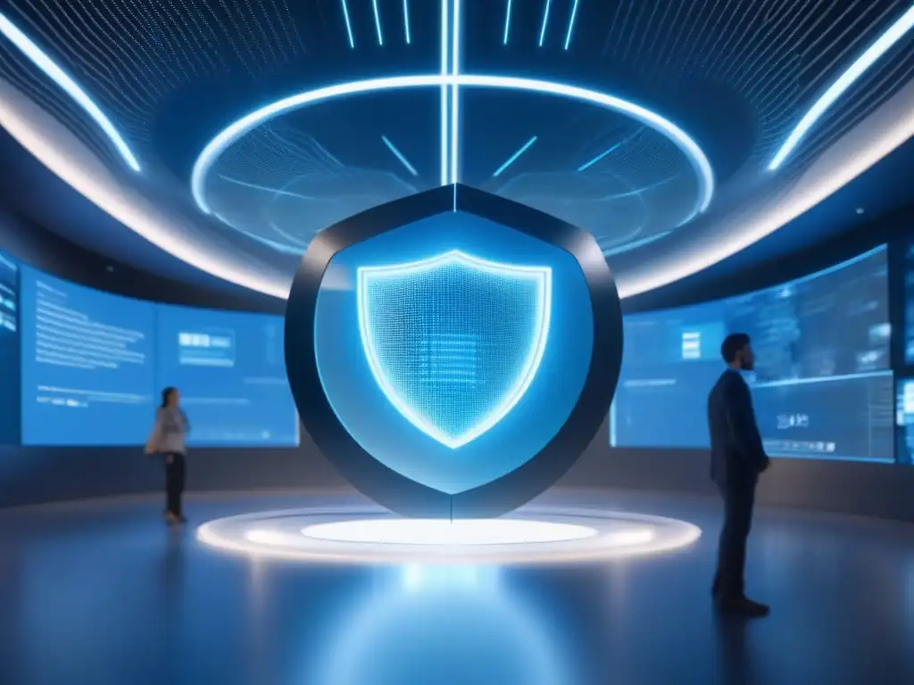 Escudo virtual futurista protegiendo intercambio profesional Avanzada seguridad con tecnologías emergentes en videoconferencias, protegiendo interacciones profesionales y educativas