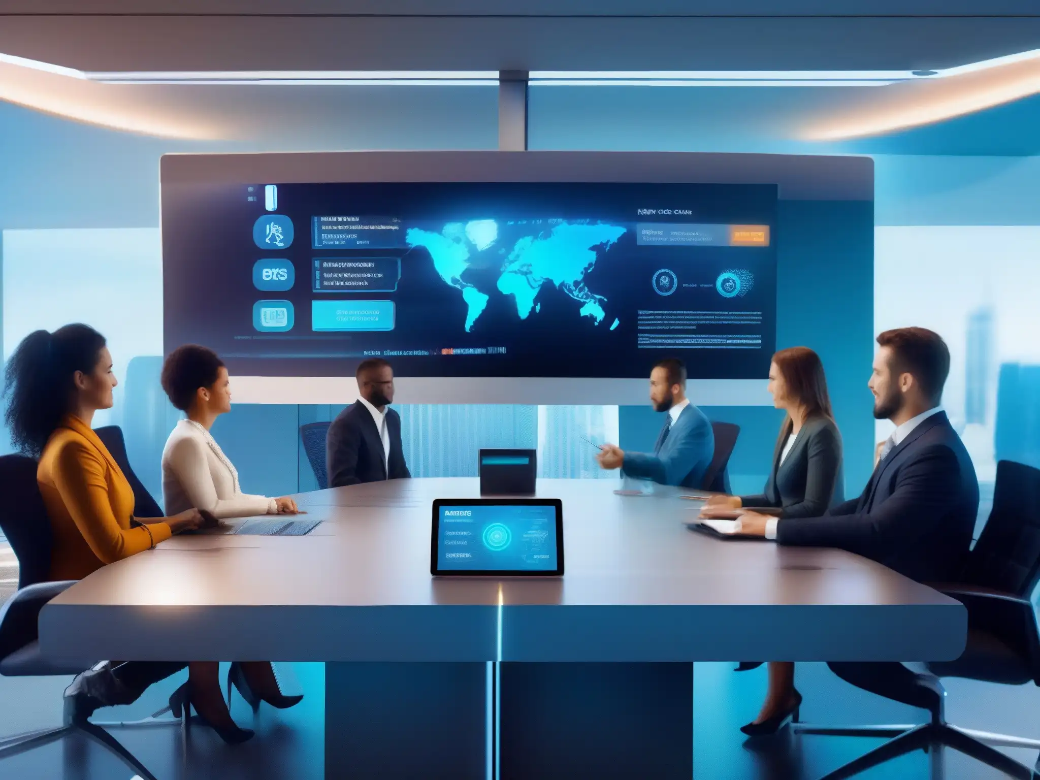 Videoconferencia futurista con seguridad avanzada Avanzada videoconferencia segura con tecnologías emergentes, transmitiendo confianza y profesionalismo