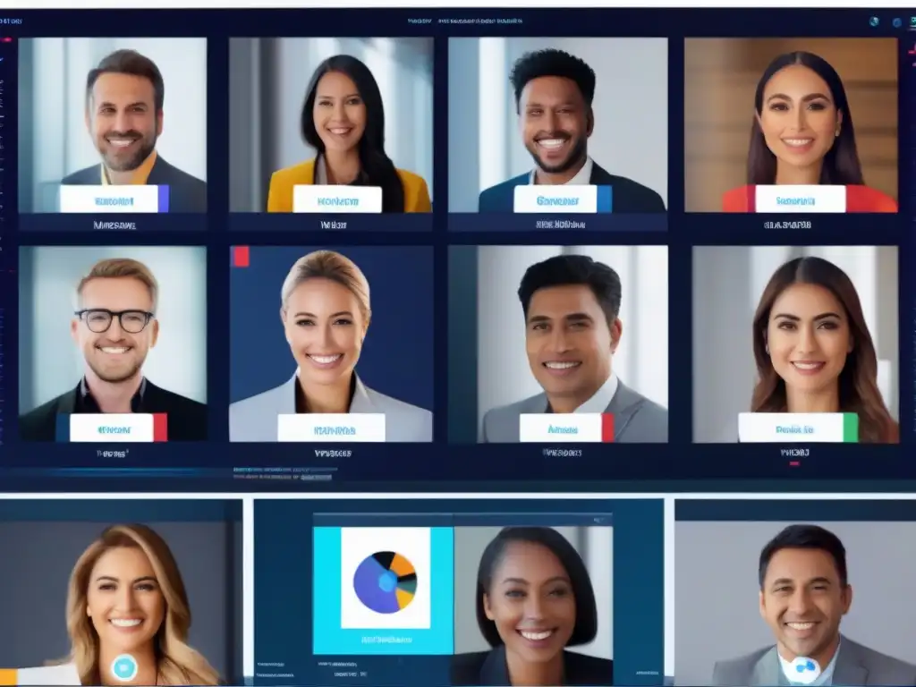 Análisis emocional en videoconferencias con IA avanzada Avanzado sistema de inteligencia artificial analizando expresiones faciales durante una videoconferencia