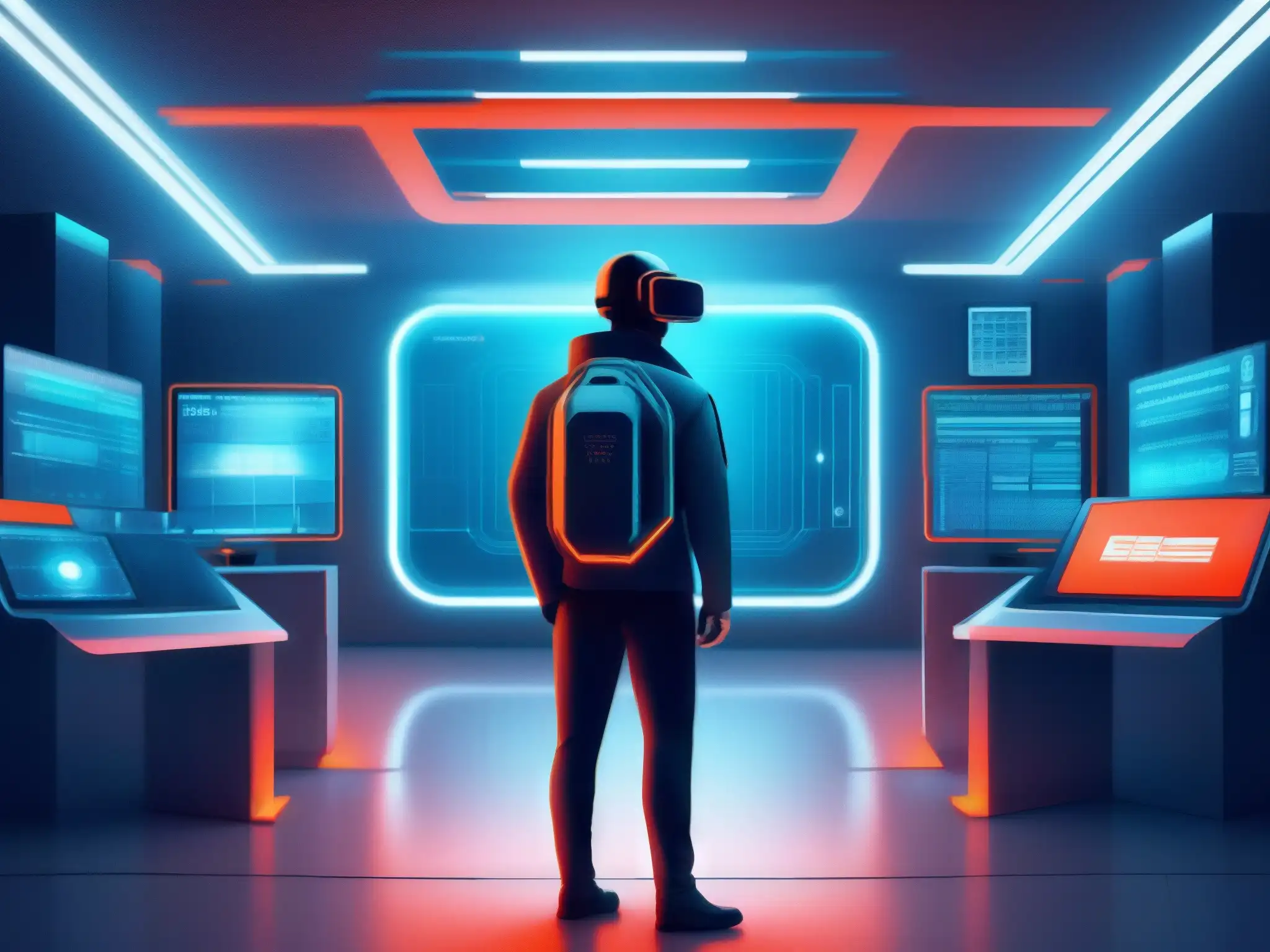 Sistema de seguridad futurista de alta tecnología Avanzado sistema de seguridad futurista con escáneres biométricos, cámaras de vigilancia, servidores de datos encriptados y firewall
