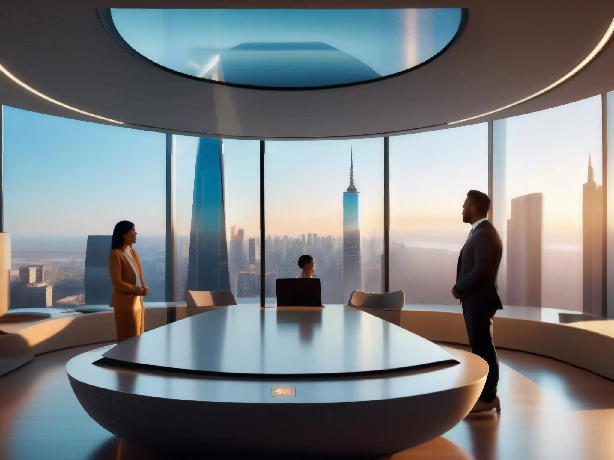 Videoconferencia futurista en ciudad holográfica Avatares futuristas en videoconferencia con IA, ciberseguridad y privacidad en videoconferencias: IA y ciberseguridad