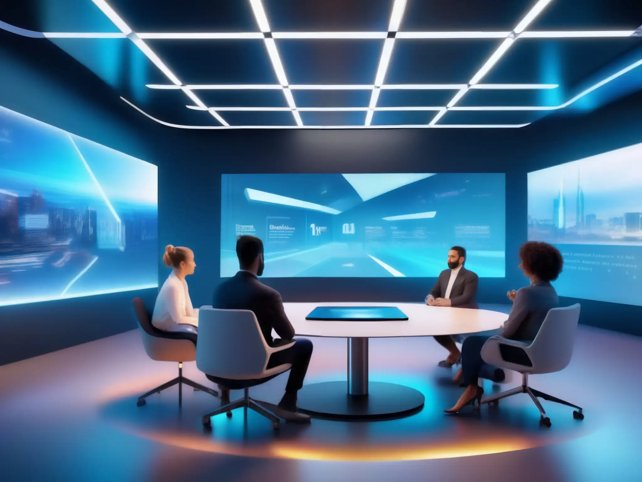 Videoconferencia en Realidad Aumentada: Futuro Tecnológico Avatares en videoconferencia de realidad aumentada en sala futurista con elementos AR