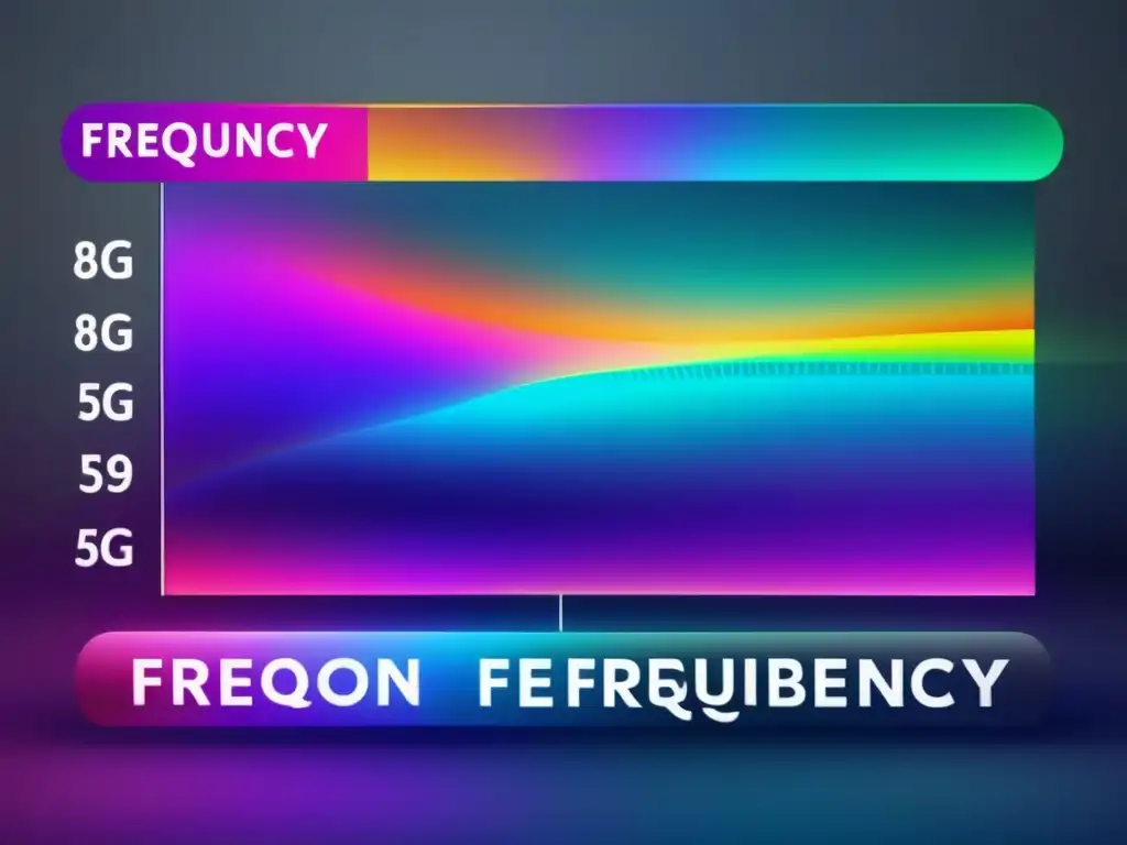 Espectro de Frecuencias 5G: Clasificación en Banda Baja, Media y Alta Representación gráfica de bandas de frecuencia para videoconferencias 5G, con diseño moderno y claras diferenciaciones de color