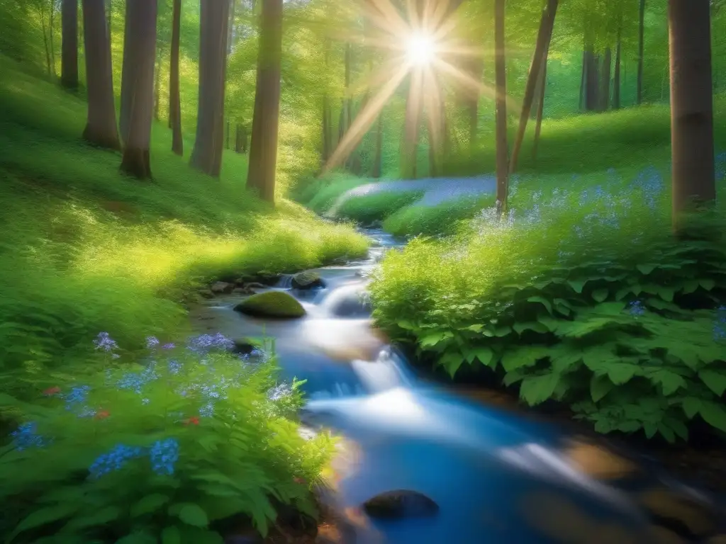 Bosque sereno: naturaleza exuberante y armonía Un bosque exuberante bañado por la luz del sol, reflejando serenidad y armonía