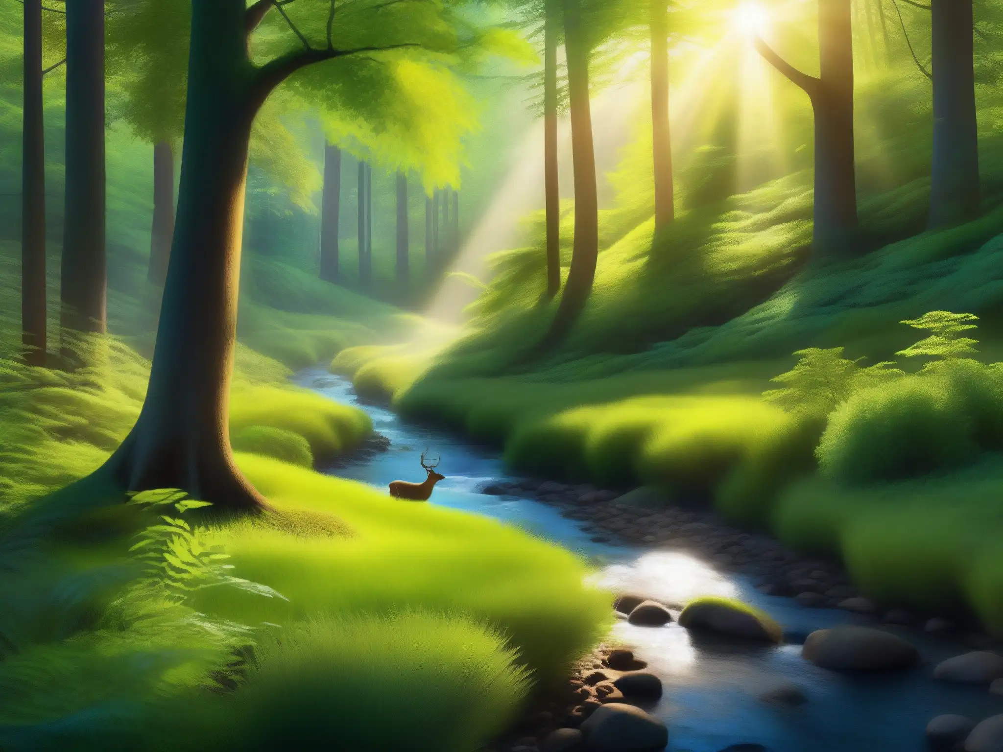 Escena de bosque exuberante: luz solar, arroyo y vida silvestre Un bosque exuberante y biodiverso, con luz solar filtrándose a través del dosel, creando sombras moteadas en la exuberante vegetación