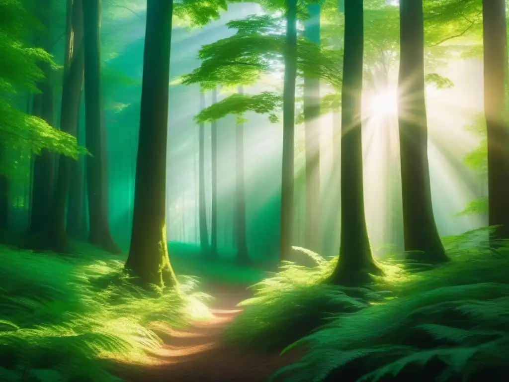 Bosque verde exuberante en 8k: juego de luz y sombra Un bosque exuberante con luz solar filtrada entre las copas, creando un juego hipnótico de luces y sombras