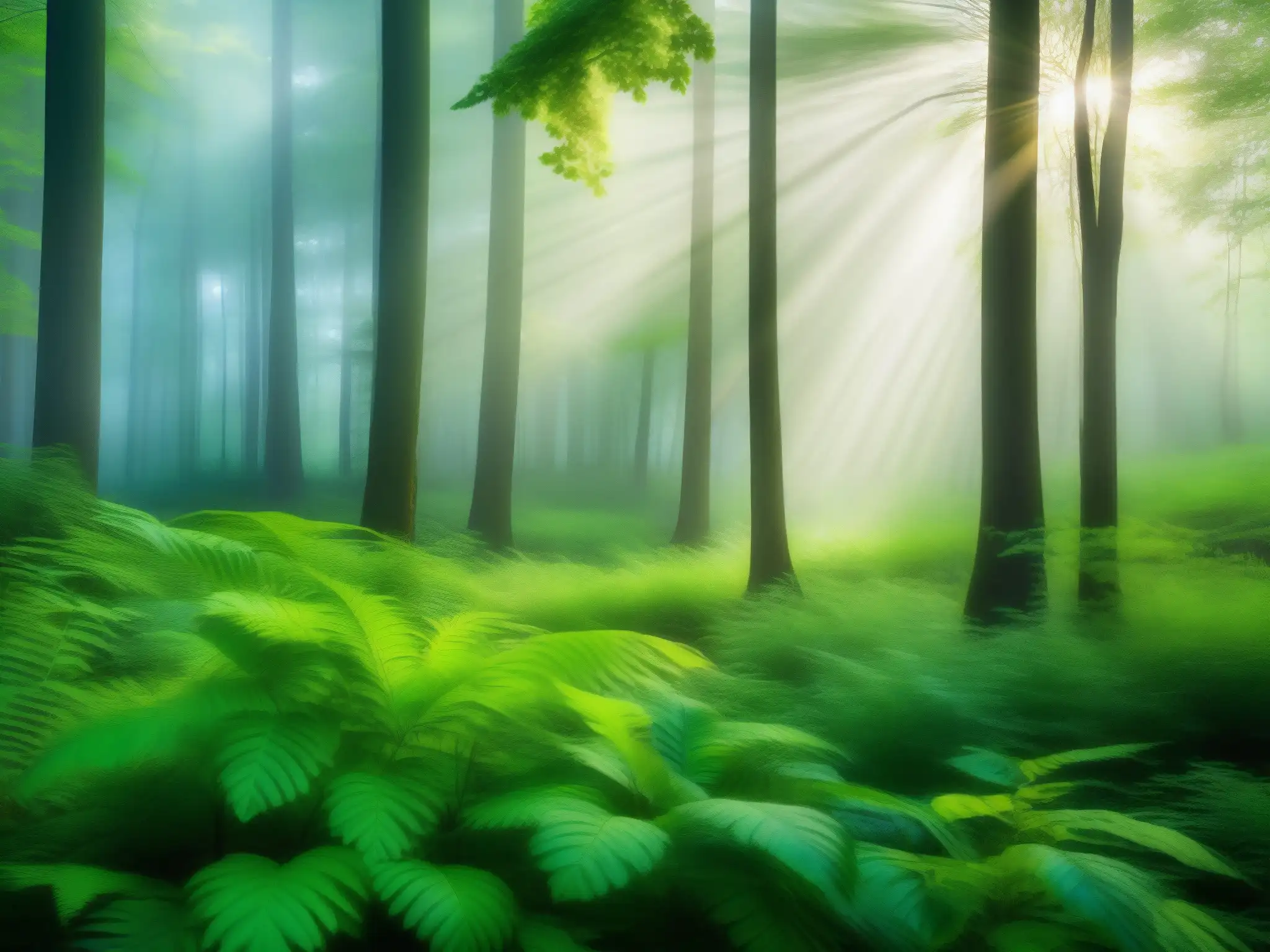 Bosque exuberante: majestuosidad natural en alta resolución Un bosque exuberante y tranquilo con luz filtrada entre los altos árboles