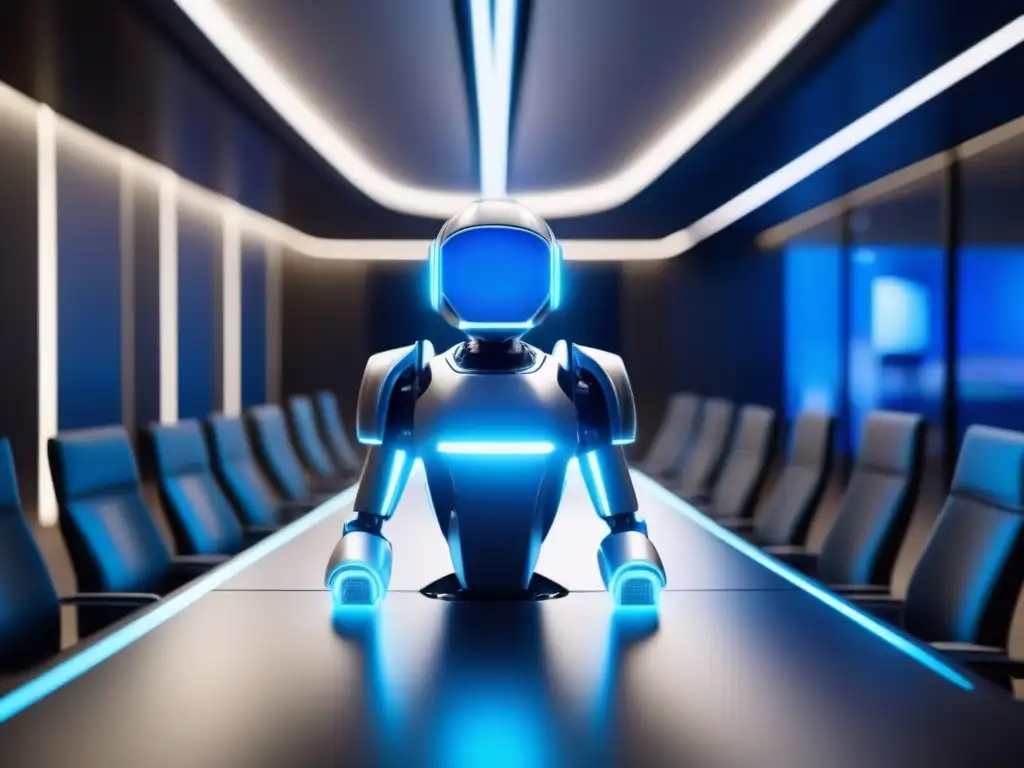 Bot futurista en sala de conferencias de alta tecnología Un bot futurista en una sala de conferencias tecnológica de alta gama, rodeado de profesionales en una videoconferencia productiva