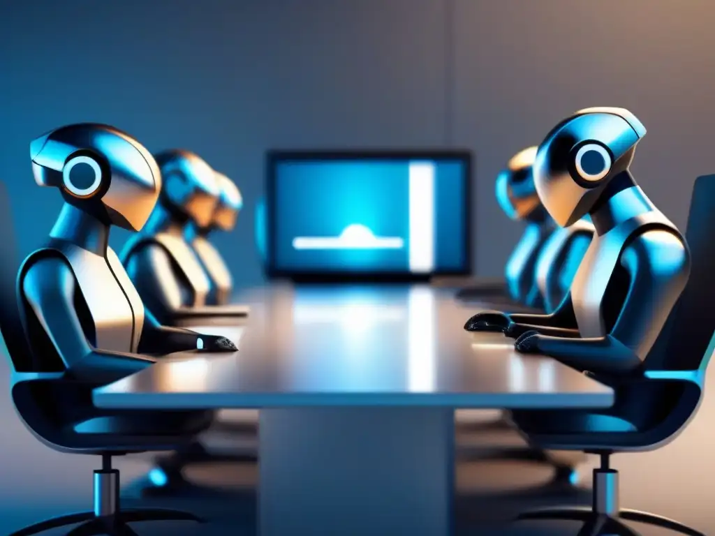 Bot futurista en videoconferencia de alta tecnología Un bot futurista se integra perfectamente en una videoconferencia profesional
