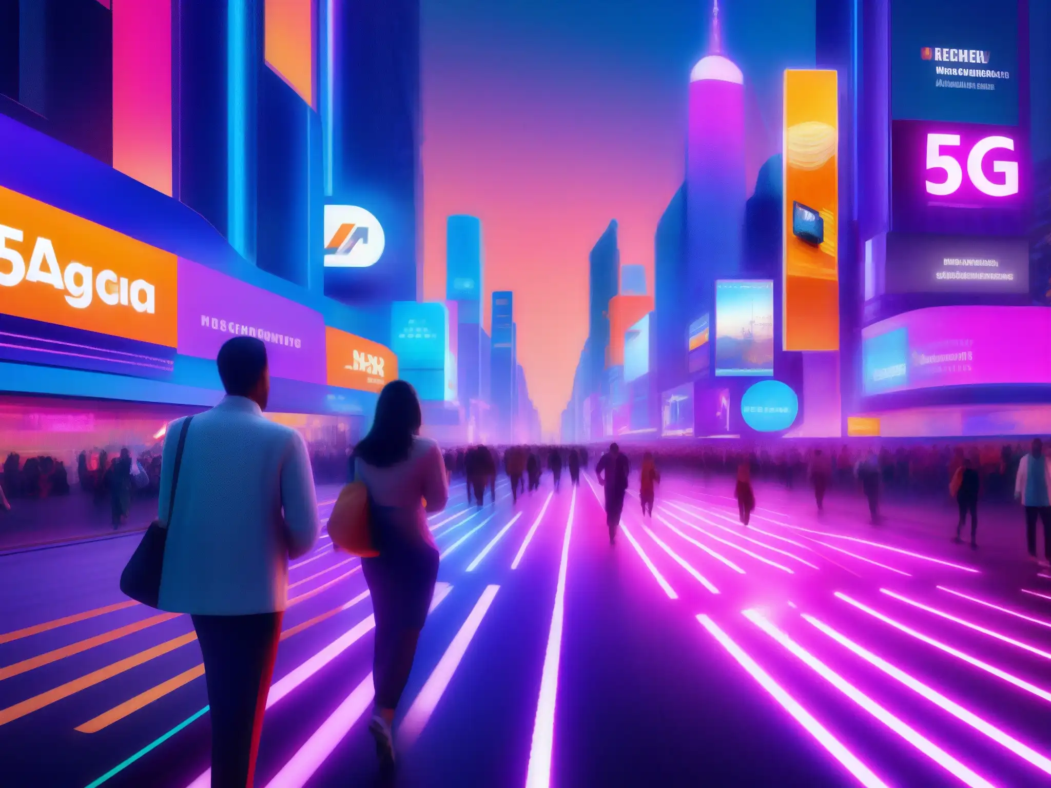 Vibrante ciudad nocturna 5G: luces de neón y conectividad digital Una bulliciosa calle de la ciudad de noche, iluminada por neones y vallas publicitarias digitales 5G