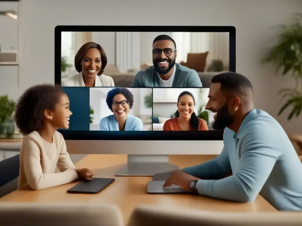 Conexión familiar: Reunión virtual llena de calidez y cercanía Una cálida videoconferencia familiar, resaltando la importancia de la conectividad en videoconferencias