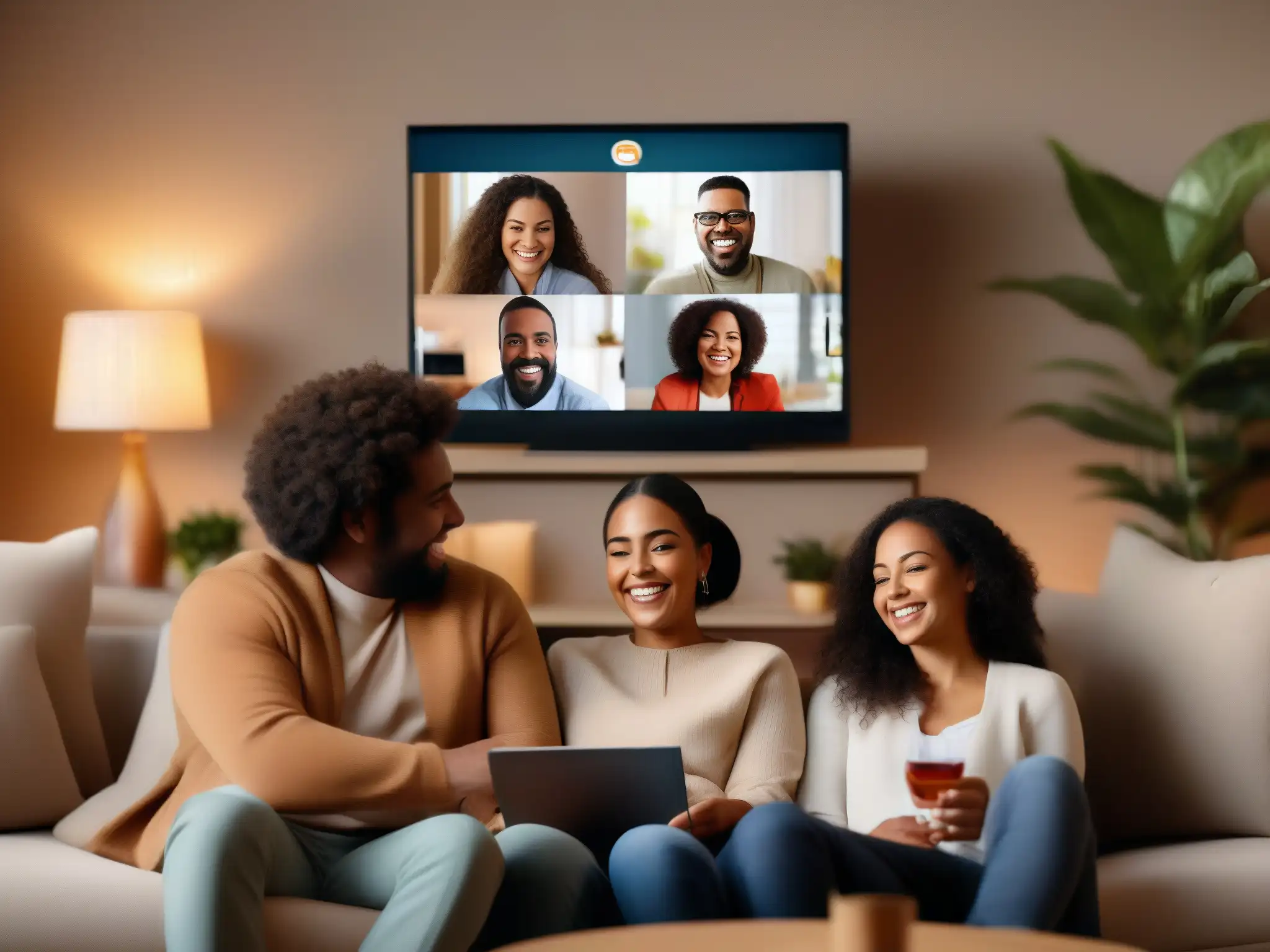 Reunión familiar virtual llena de afecto y conexión Una cálida videoconferencia familiar reúne a seres queridos a distancia, transmitiendo alegría y conexión en un acogedor salón moderno